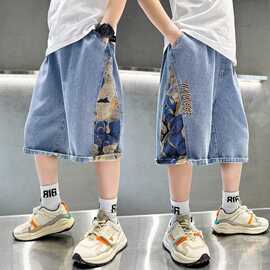 欧美hiphop小熊拼接牛仔短裤男夏季ins潮牌宽松直筒休闲五分中裤