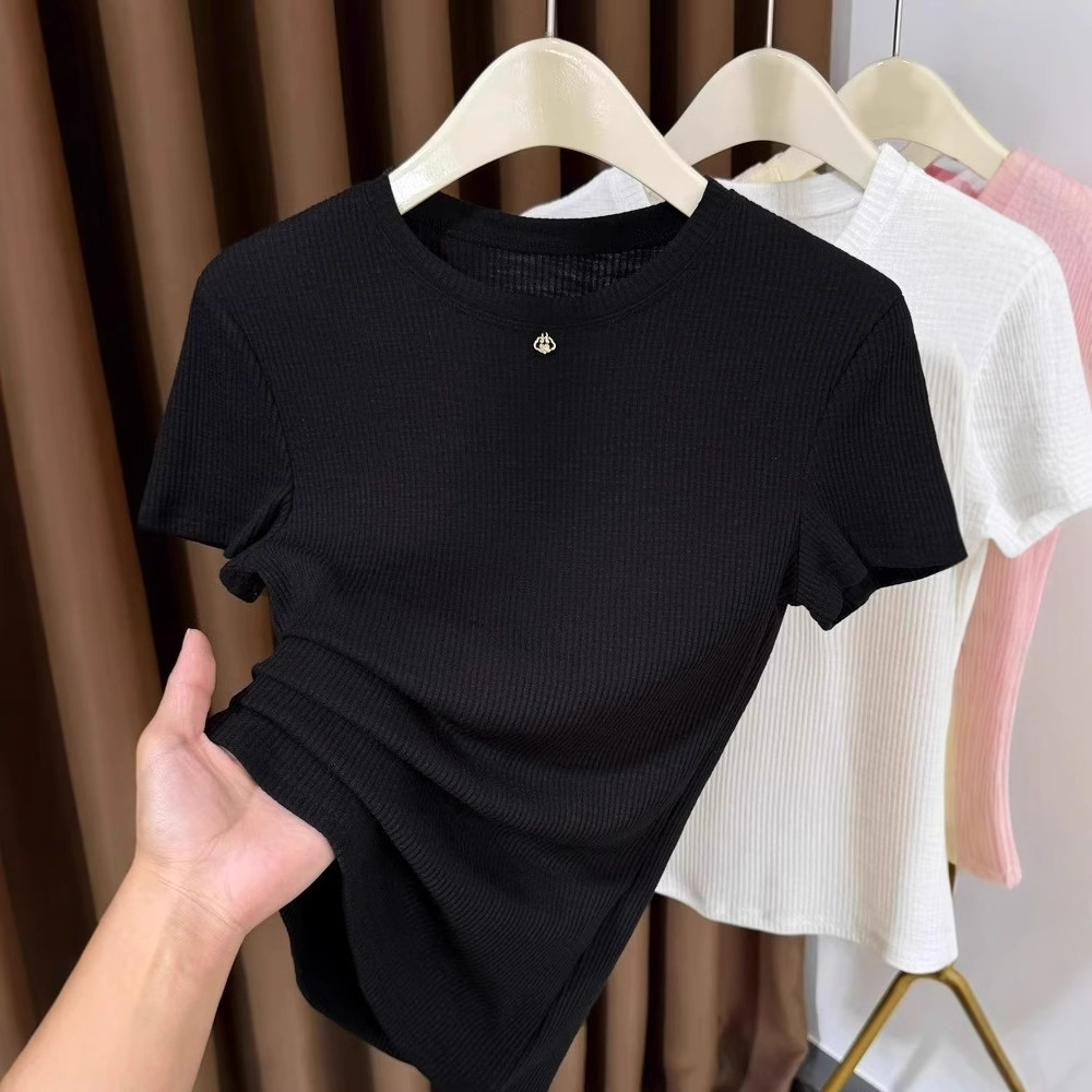 Women's Lightweight Soft Pink Tee Ribbed round Neck Short Sleeve Top Thin Stretchy Basic Shirt for Layering_voghion.com