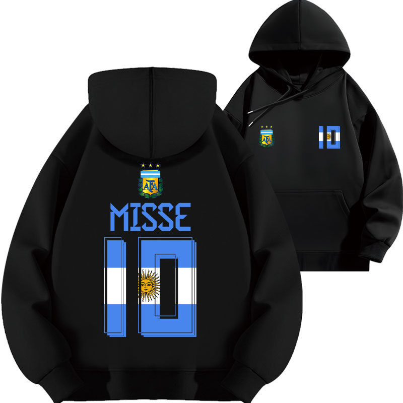 Messi Short-Sleeved Argentina 10 Printed Hooded Sweatshirt Top Football Loose-Fitting Autumn and Winter Fleece-Lined Thickened Hoodie