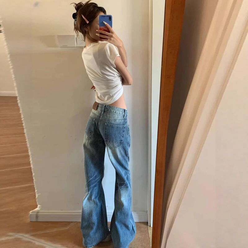 American Retro Low-Waist Straight-Leg Jeans for Women, 2026 New Style, Washed, Loose Fit, Slimming Narrow Flare Pants
