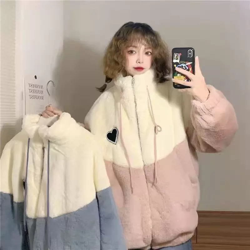 拼接仿羊羔绒棉服女冬季宽松加绒加厚连帽宽松开衫设计感外套潮