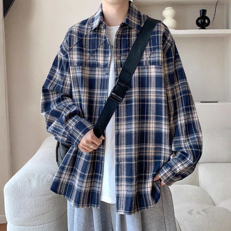 Hong Kong Style Plaid Shirt Men's 2024 Spring and Autum Japanese Style Retro Trendy Brand Design Loose Long-Sleeved Shirt Jacket