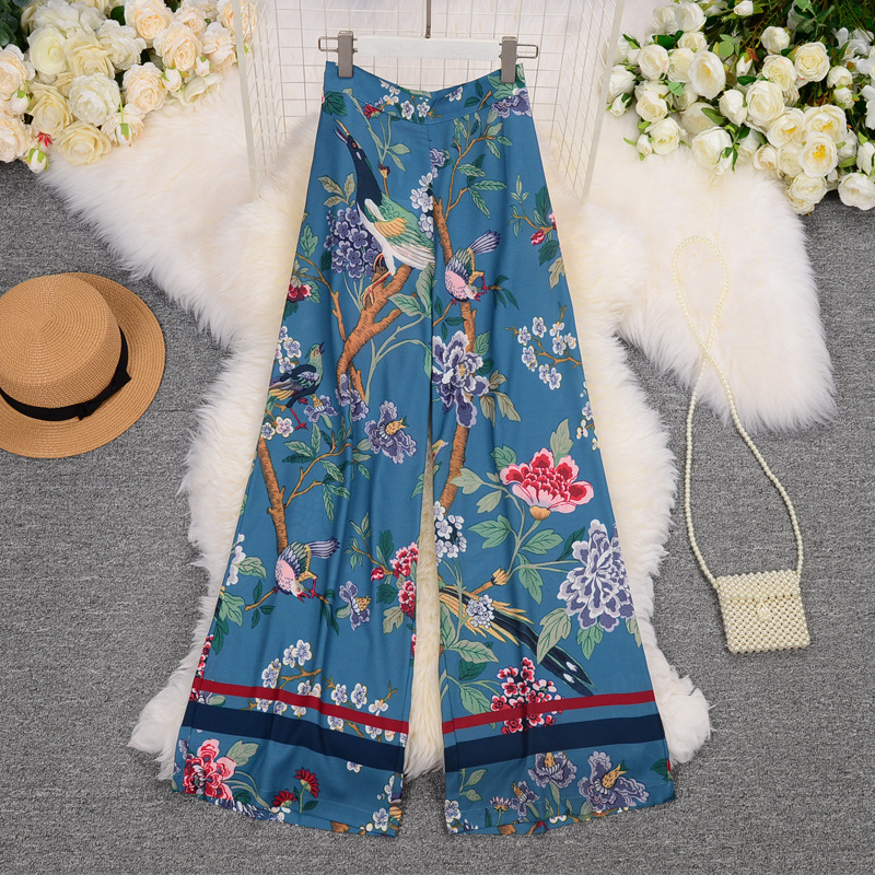 thumbnail image 2 of Pantalones casuales holgados de cintura alta con estampado de flores y pájaros para mujer, pantalones de pierna ancha para mujer, 2 of 2