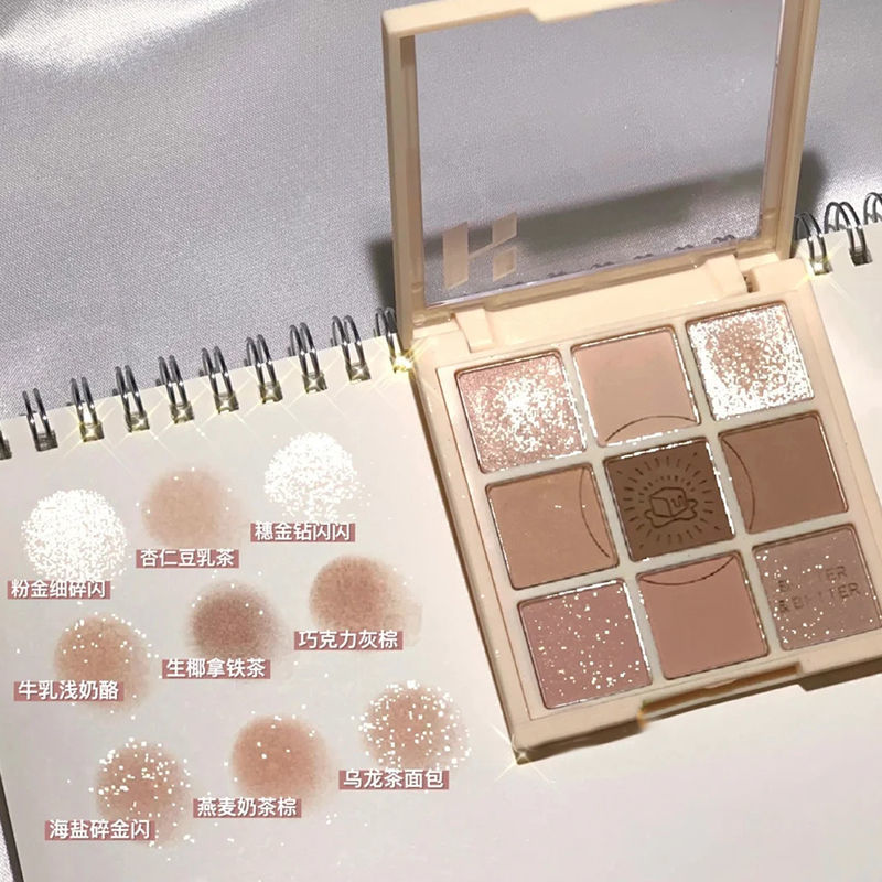 Douyin misma paleta de sombras de ojos de nueve colores Jiugongge mate nacarado té con leche de verano melocotón púrpura color rosa fresco nicho