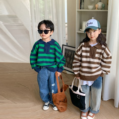 Children's Sweater 2024 Autumn Style Korean Style Striped Zipper Sweater for Boys and Girls Children's Lapel Embroidered Knitted Pullover