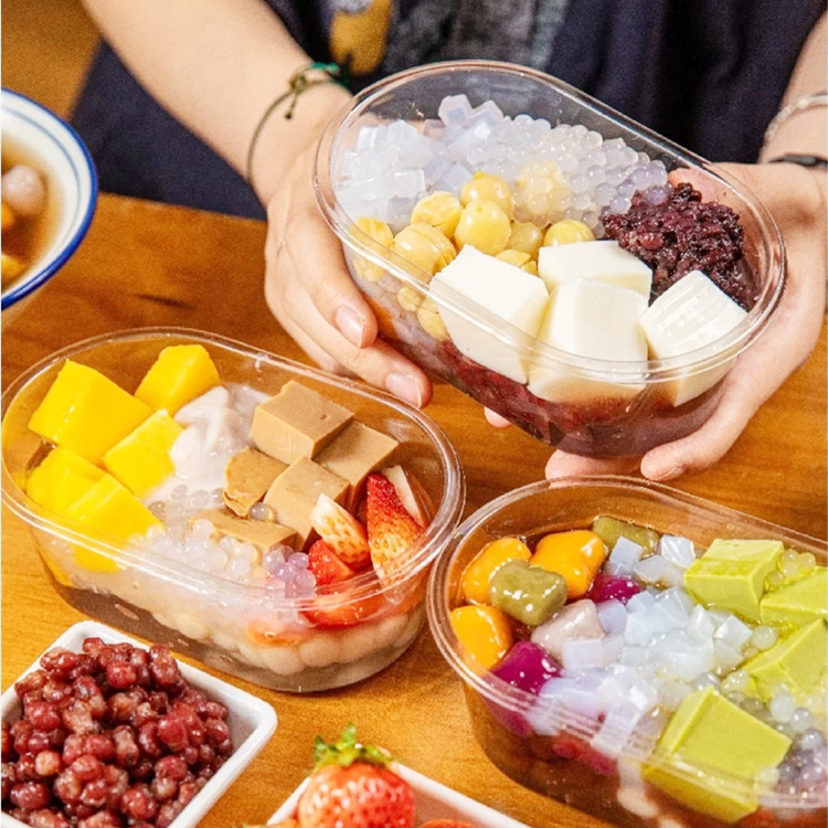 Oval tiramisú Taro redondo de leche de soja caja transparente Internet celebridad tazón completo caja de embalaje de pesca de frutas 500ml