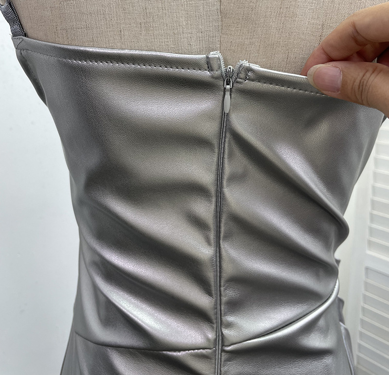 Chest Pad Halter Spaghetti Straps Dress Sexy Slim Fit Ruffle Hip Faux Leather Sexy 22 Chest Pad Halter Spaghetti Straps Dress Sexy Slim Fit Ruffle Hip Faux Leather Sexy