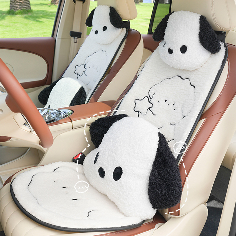 車の座布団の羊の小毛の漫画の刺繍の車用の滑り止めの保温のシートクッションのアイデアの白黒の犬の車のシートカバー|undefined