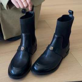 牛皮版~真皮山茶花弹力瘦瘦靴女百搭复古英伦粗跟短靴袜靴马丁靴