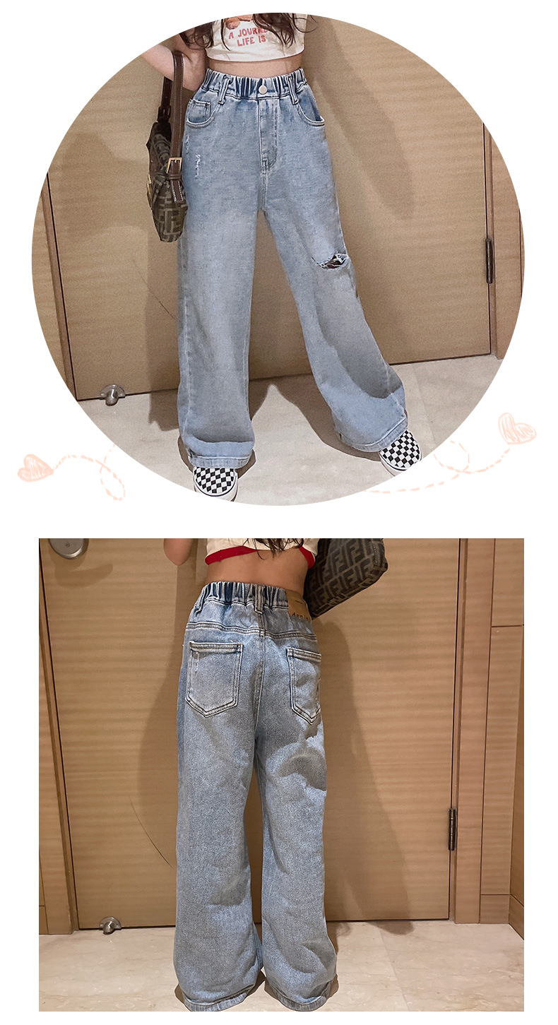 Neue Frühjahr Mädchen Kleidung Kinder Gerade Ripped Loch Lose Jeans Elastische Taille Hose Kind Teen Denim Breite Bein Hosen frühlen – Detail 4