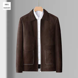 2025春秋高端羊反绒真皮皮衣男绵羊皮翻领机车短款海宁皮夹克外套