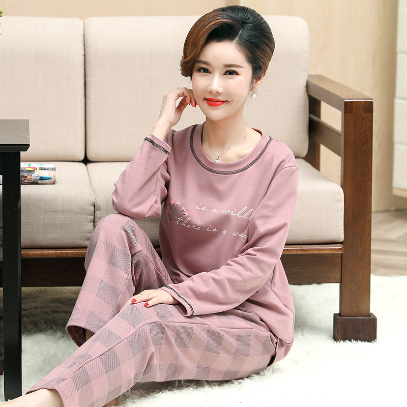 Pajamas women's autumn long-sleeved cotton mom middle-aged women's spring and autumn thin cotton round neck large size homewear suit Pajamas women's autumn long-sleeved cotton mom middle-aged women's spring and autumn thin cotton round neck large size homewear suit