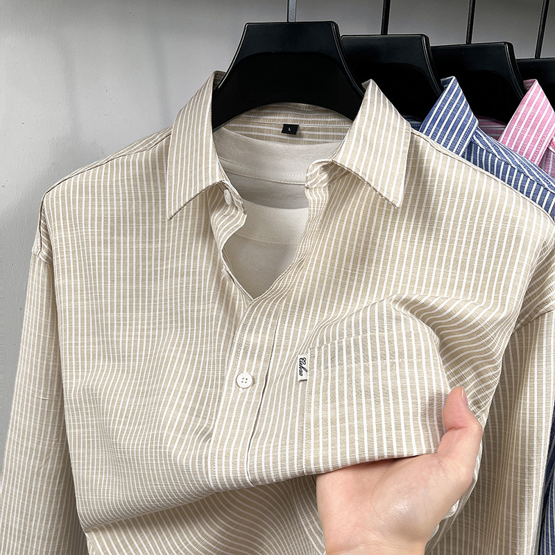 High-End Men's Color-Blocked Vertical Striped Collared Shirt, New Spring and Autumn Style, Casual and Versatile Long-Sleeve Shirt