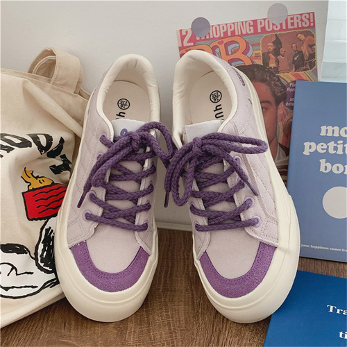 紫色帆布鞋女秋季韩版休闲低帮板鞋子运动港风透气女鞋子代发