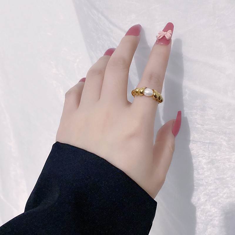 INS Style Solid Color Titanium Steel Pearl Rings 1 Piece