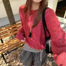 美式复古休闲圆领纯色毛衣女2025秋冬季慵懒风套头百搭针织衫上衣