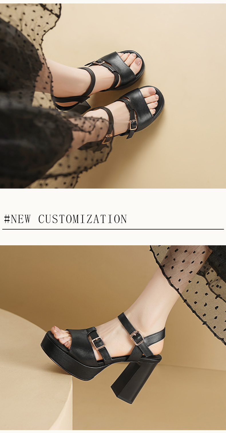 Sandal cao gót nữ hở mũi quai ngang khóa gót 11 cm — Da bò trắng gạo chi tiết 7