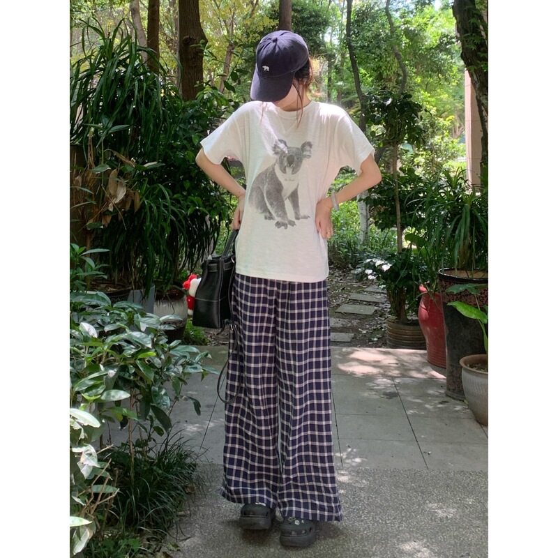 Korean-Style Printed Short-Sleeve T-Shirt Summer Loose Koala Two-Piece Casual Sports Set Women's Wide-Leg Plaid Pants