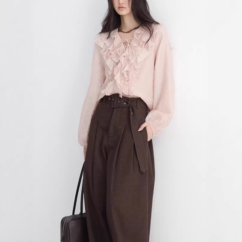 Early Spring Vibe Pink Ruffled Shirt Top for Women, French-Style High-End Long-Sleeved V-Neck Shirt Early Spring Vibe Pink Ruffled Shirt Top for Women, French-Style High-End Long-Sleeved V-Neck Shirt