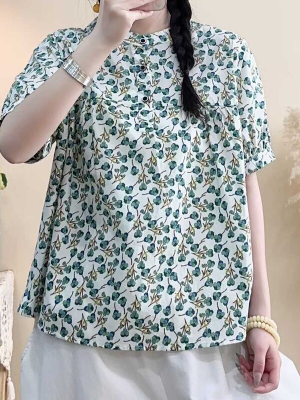 2026 Summer Small Floral Print Short-Sleeved Shirt for Women, Loose Fit, Slimming, Age-Reducing Pullover Three-Button Floral Shirt 2026 Summer Small Floral Print Short-Sleeved Shirt for Women, Loose Fit, Slimming, Age-Reducing Pullover Three-Button Floral Shirt
