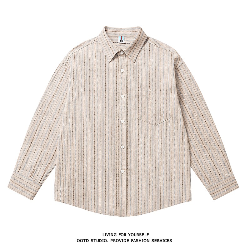 Simple and mature style striped shirt jacket for men, suitable for early autumn commuting, with a stylish design and a layered, sophisticated look Simple and mature style striped shirt jacket for men, suitable for early autumn commuting, with a stylish design and a layered, sophisticated look