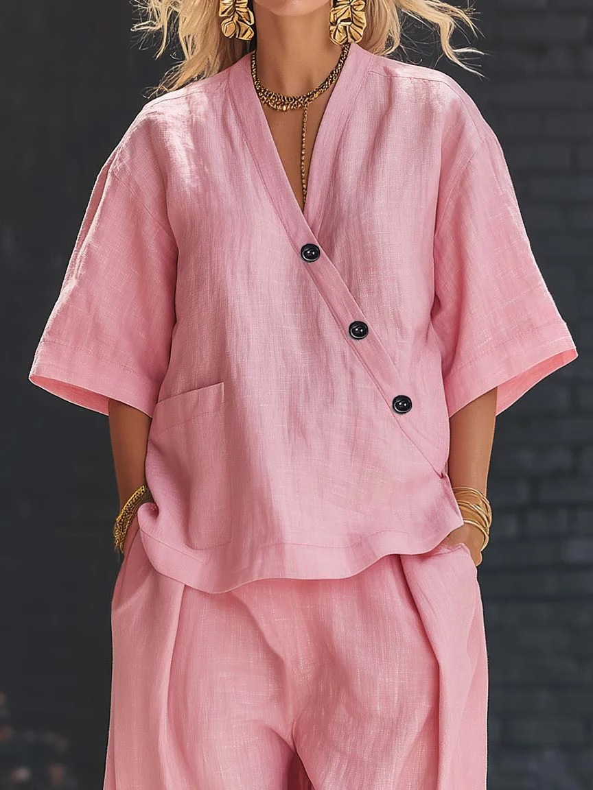 Women's Clothing Women's Solid Color Summer Set V Neck Short Sleeve Top And High Waisted Trousers Two Piece Style Clothing_ecoleips.com
