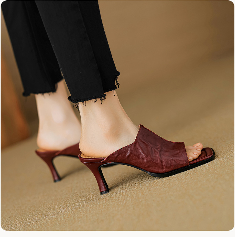 Sandal cao gót nữ hở mũi quai ngang da dê gót 7 cm kiểu Hàn Quốc — đen chi tiết 7