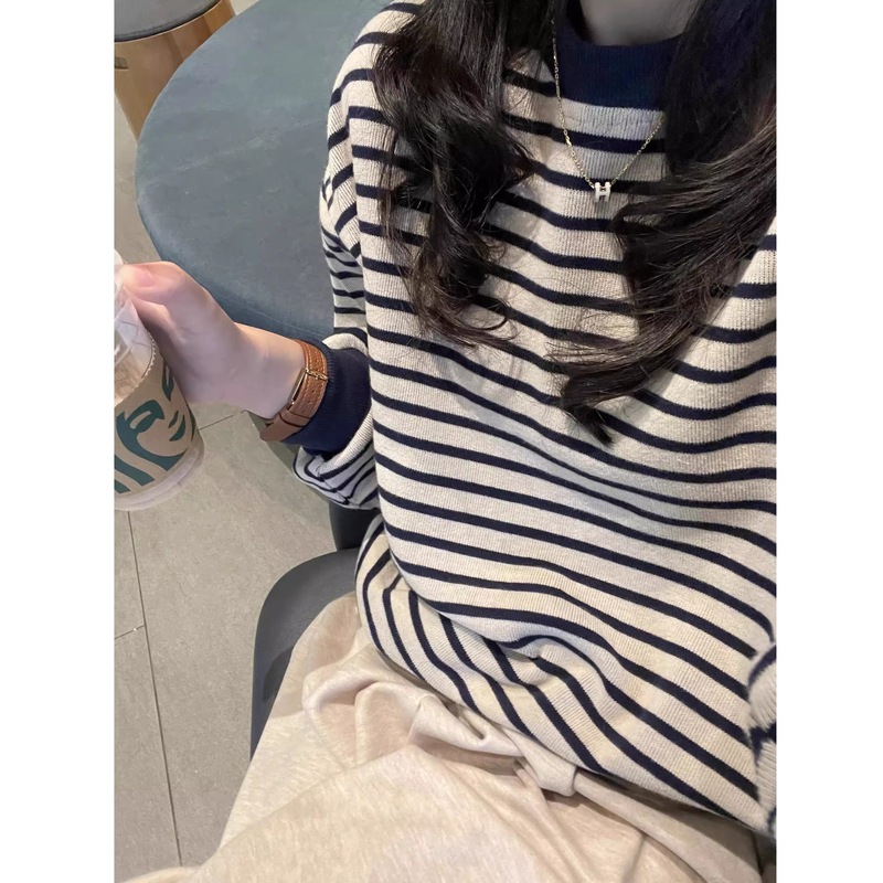 复古条纹圆领卫衣女2025早秋新款慵懒风宽松休闲显瘦长袖针织上衣|undefined