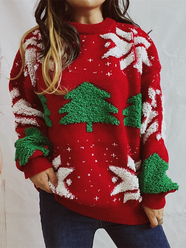 Amazon transfronterizo otoño e invierno nuevo árbol de Navidad jacquard cuello redondo manga larga engrosada Jersey de punto suéter de Navidad para las mujeres