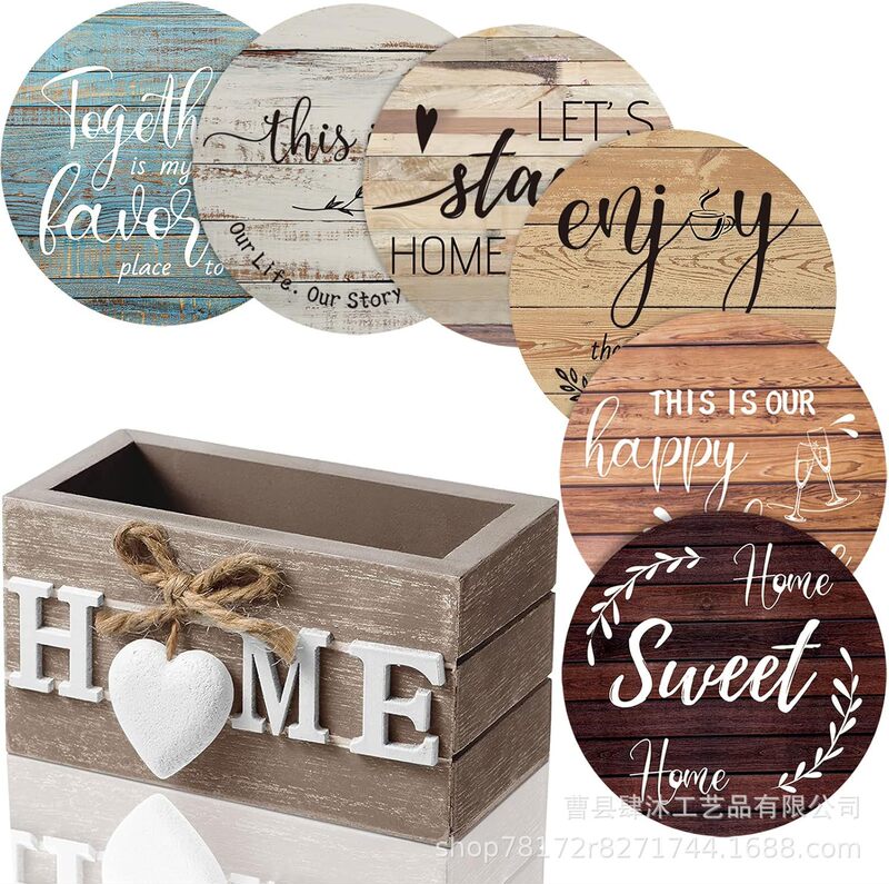Cross-Border Wooden Creative Coaster Six-Piece Set Farmhouse Style with Stand Housewarming Gift Insulation Pad Set Tableware