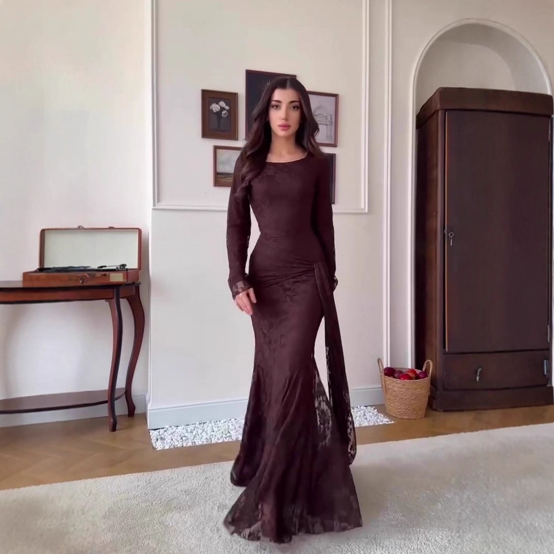 Amazon European and American Cross-Border 2025 Winter New Retro Elegant Style Long-Sleeved Long Skirt Slim Dress Dress