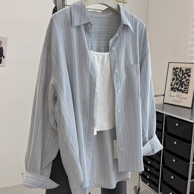 Korean Style Elegant Fashionable Pinstriped Long-sleeved Shirt Women's Loose Lazy Slimming Fresh Age-reducing Sun-protective Shirt Shirt Korean Style Elegant Fashionable Pinstriped Long-sleeved Shirt Women's Loose Lazy Slimming Fresh Age-reducing Sun-protective Shirt Shirt