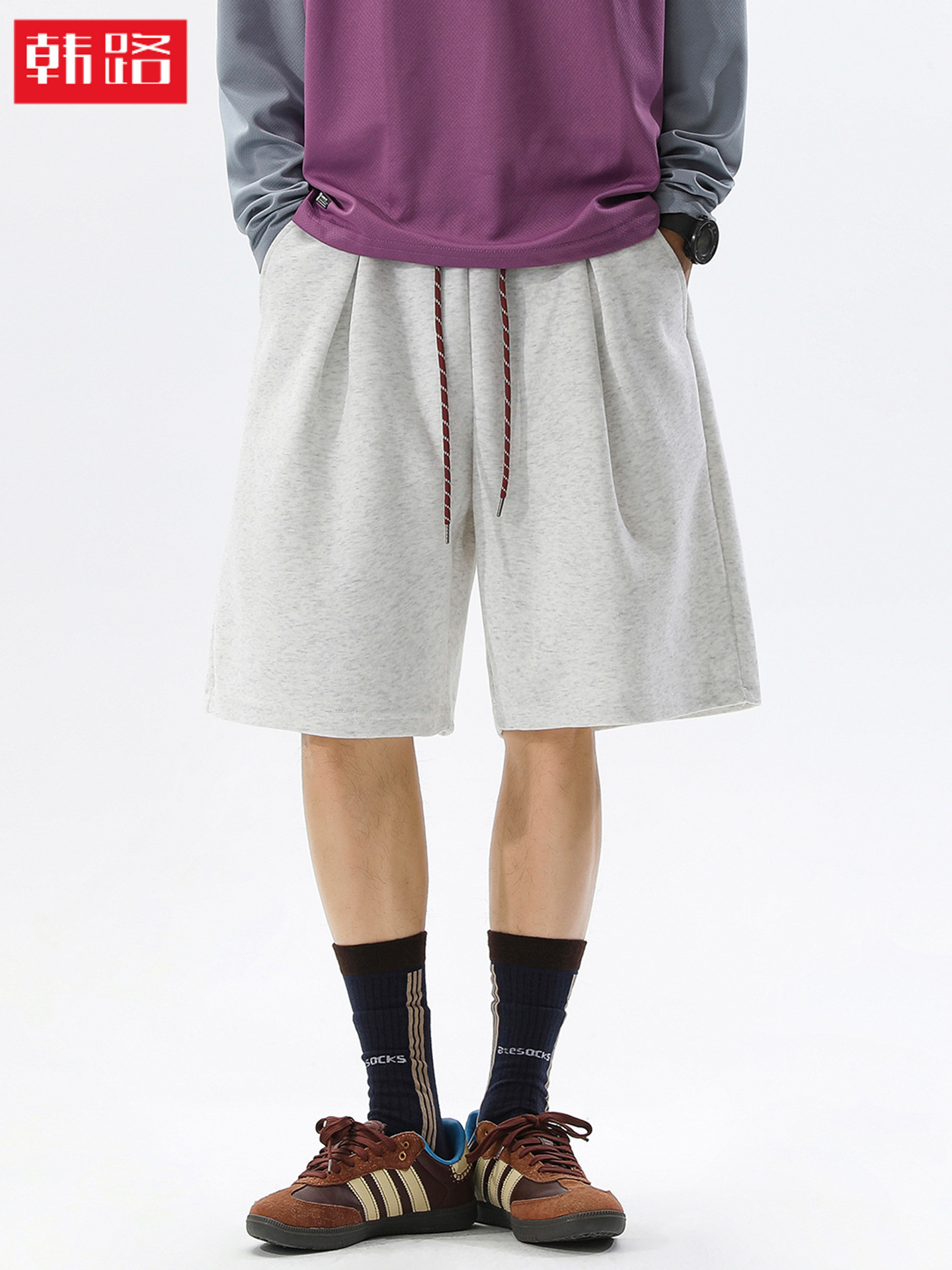 Trendy brand sports casual shorts, summer thin style, color-blocking drawstring mid-length pants, pleated, loose, breathable, five-point sweatpants