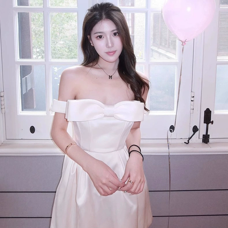 Short white dress, open shoulders, city style, Birthday gift