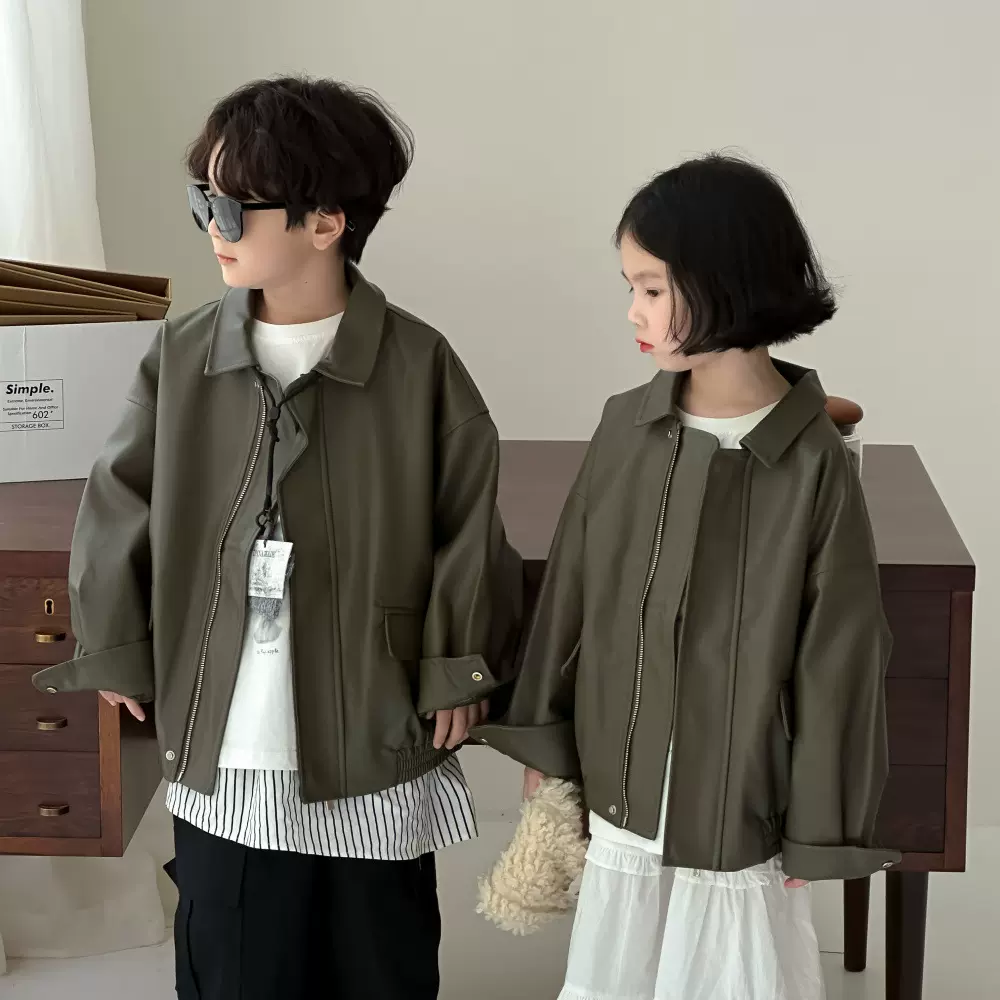 童外套2025秋款男女童韩版拉链皮衣儿童休闲宽松翻领皮夹克末小蒙