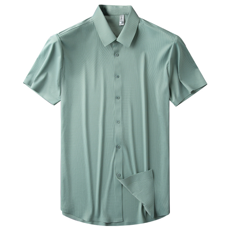 High-End Outfit ~ No-Iron Ice Silk Seamless Laminated Shirt Men's Short-Sleeved Slim Stripesd Shirt Men's Summer Thin Style