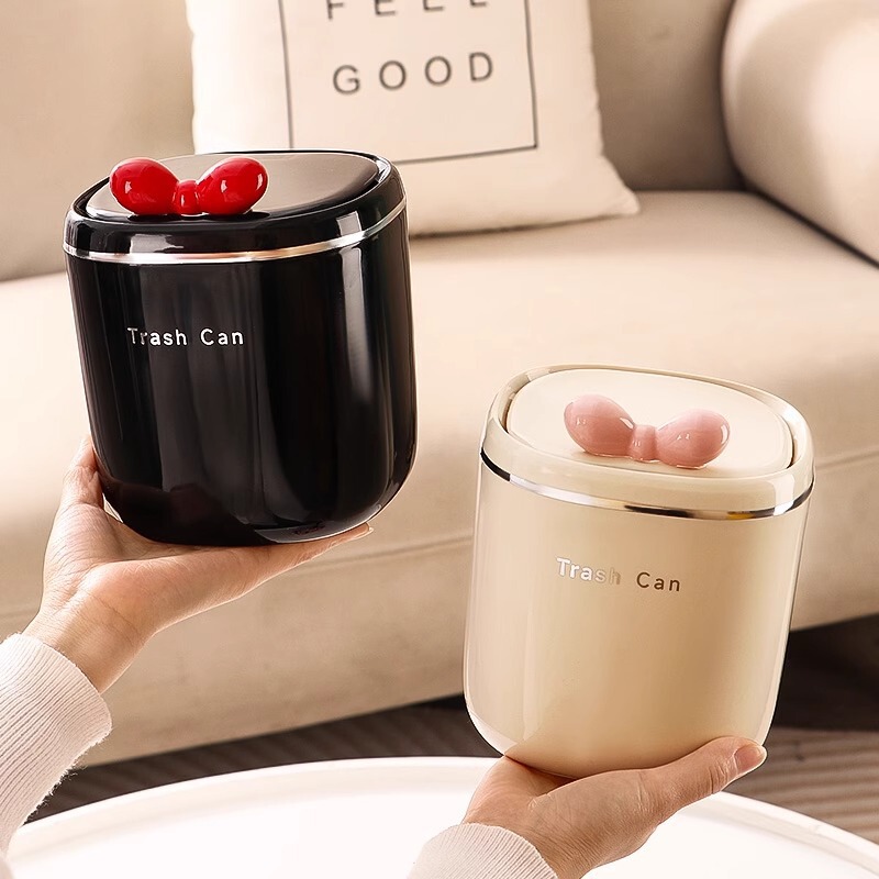 Small Desktop Push-Type Household Trash Can with Lid for Living Room, Cute Bedroom, Toilet, Bathroom, Garbage Bag, Paper Basket