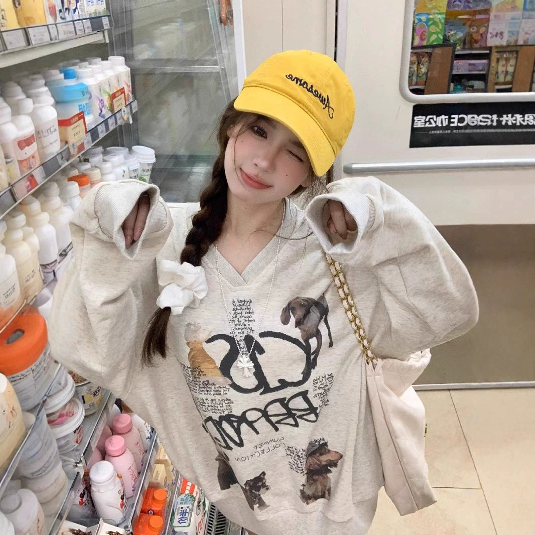 Американский ретро щенок с принтом с длинным рукавом свитер с длинным рукавом