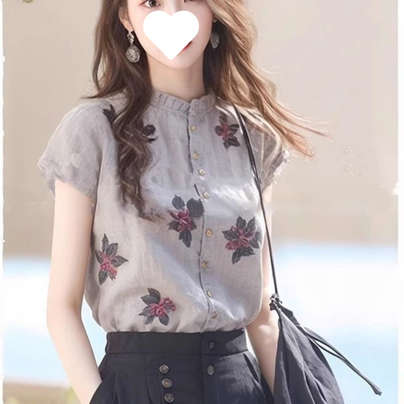 ハイエンドでシックなプリントのスタンドカラー半袖シャツ、ニッチな新しい夏のデザイン、ユニークで多用途なトップス|undefined