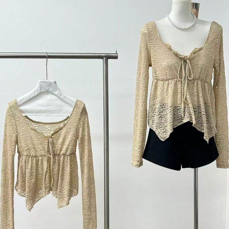 Ready-Made Elastic Lace Inner Layer with Slightly See-Through Autumn Pure Lust Low-Neck Long-Sleeved Bottoming Top
