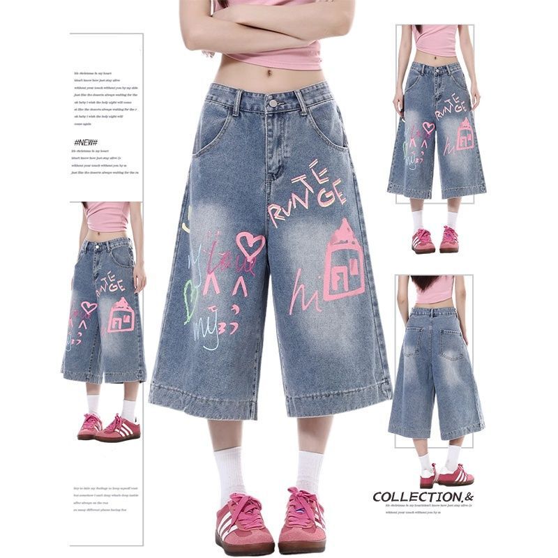 Plus Size American Retro Graffiti Printed Denim Cropped Pants for Women Summer New Loose Straight Wide Leg 7-Point Shorts
