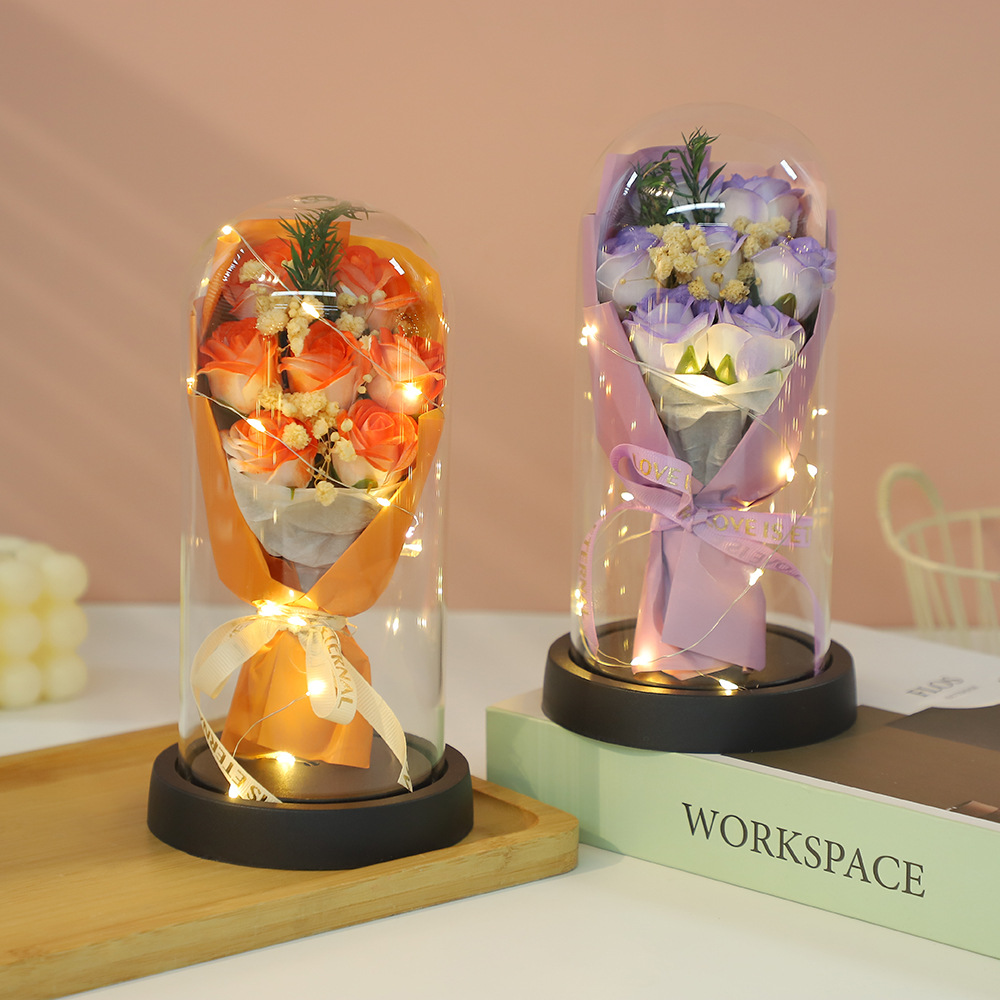 Decoración de cubierta de vidrio de flor eterna 7 ramos de rosas flores secas Día de la madre 520 Regalo de cumpleaños para novia y esposa