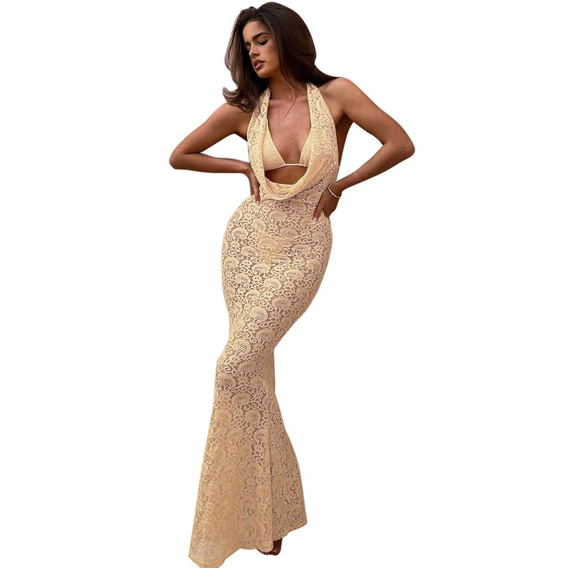 2025 nuevo estilo de las mujeres europeas y americanas transfronterizas temperamento encaje encaje halter cuello en V cuello hueco espalda abierta vestido delgado mujeres image 6