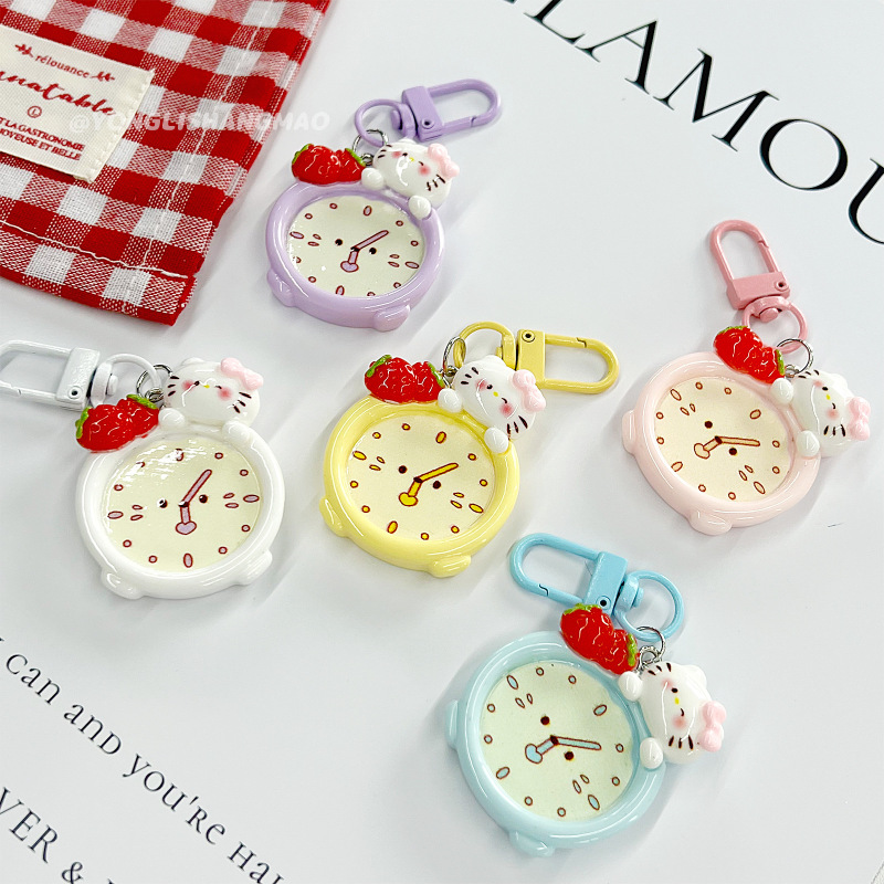 Cartoon Cute Kt Cat Clock Keychain Small Pendant Strawberry Kitten Japanese Style School Bag Pendant Female Classmate Gift