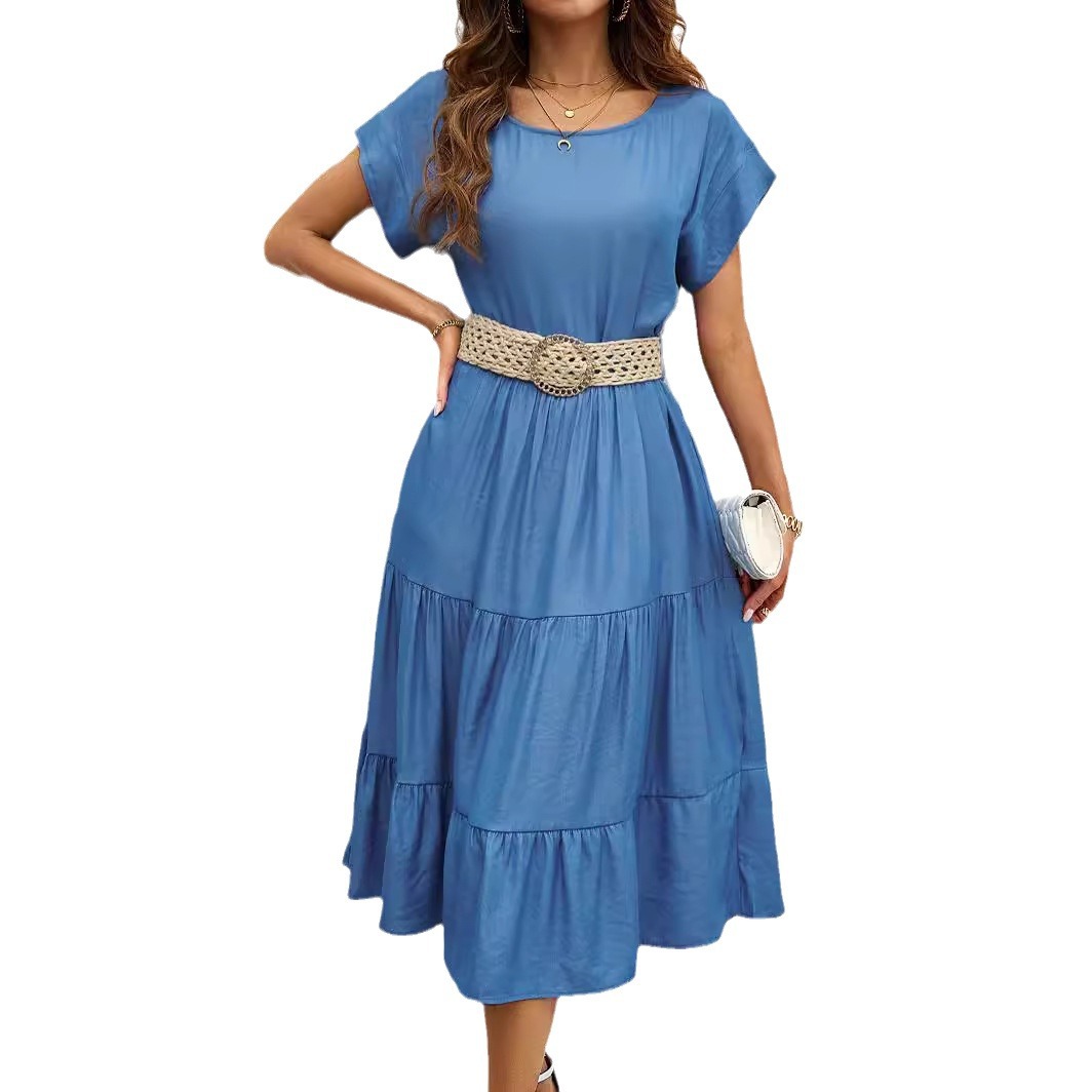 summer solid color long dress for leisure with a round collar