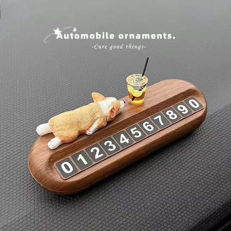Cute Corgi Car Parking Number Plate, Luxurious Wood Grain Car Interior Temporary Parking Number Plate, Car Moving Number Retainer