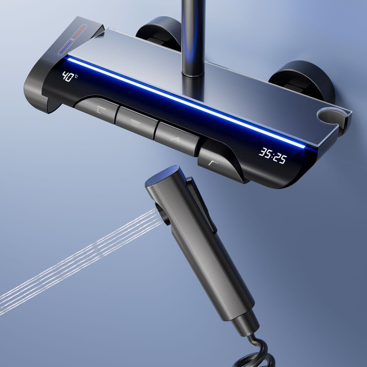 Pistola gris luz ambiental pantalla digital piano botón ducha de baño juego de ducha de latón temperatura constante ducha sobrealimentada juego completo