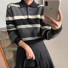秋冬新款撞色条纹毛衣100纯羊毛衫女式翻领内搭打底日常通勤风格
