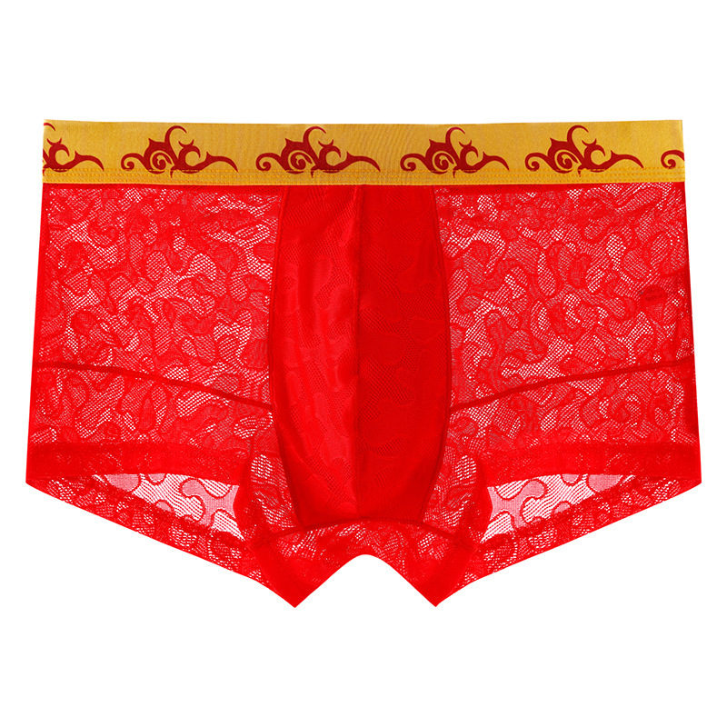 Red birth year Ice Silk breathable men's boxer briefs sexy lace printed mid-waist men's boxer shorts head