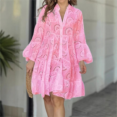In stock: 2025 European and American cross-border spring/summer Amazon solid-color V-neck loose embroidered hollow-out lace dress